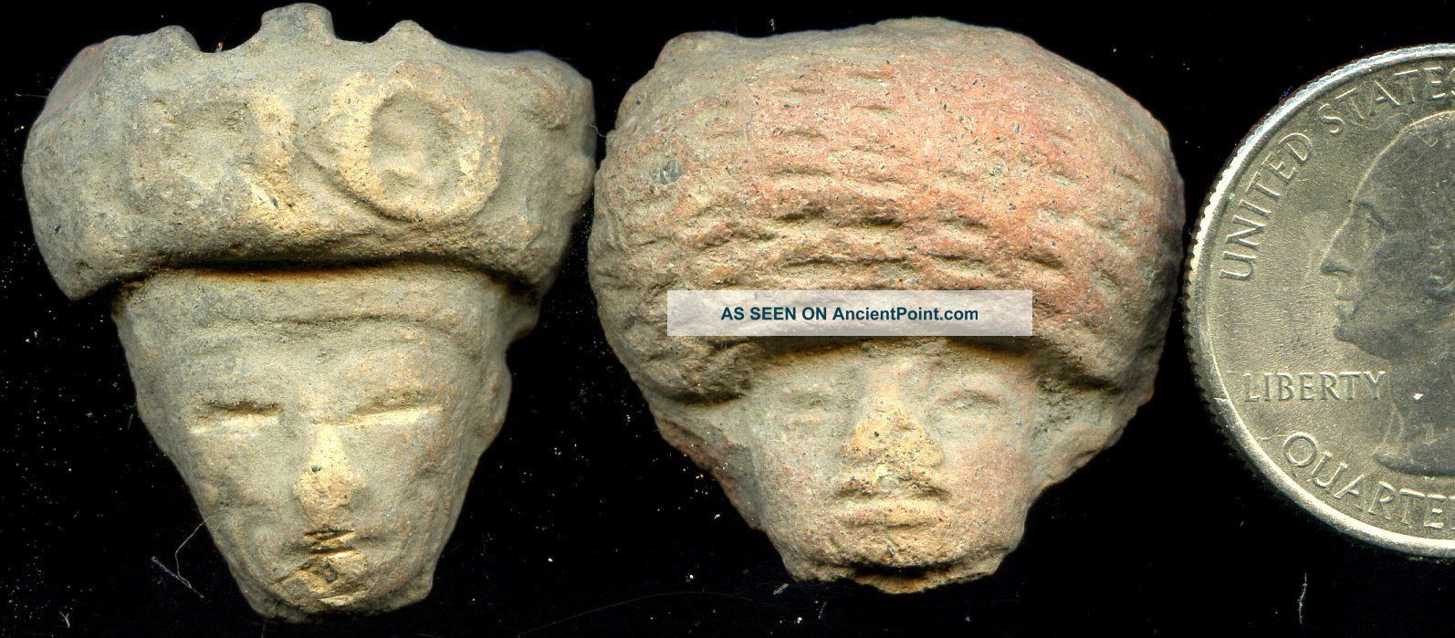 Pre - Columbian 2 Aztec Mazapan Clay Figure Heads,  Ca; 700 - 1200 Ad The Americas photo