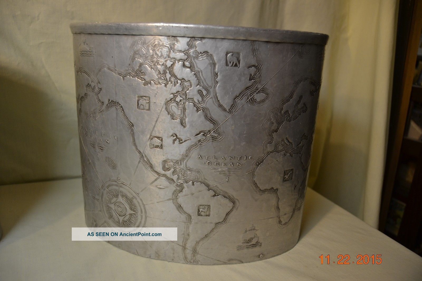 Two Art Deco Modern Arthur Armour Wrought Aluminum Wastebasket World Map Art Deco photo