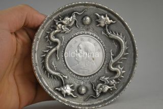 China Vintage Collect Tibet Silver Double Dragon Inlay C0in Exquisite Plate photo