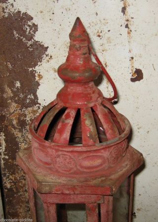 Farmhouse Red Metal Lantern Candle Holder Primitive/french Country Style Decor photo