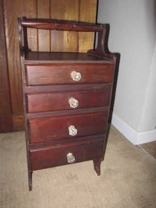Rare Early 1900 ' S 4 Drawer Thread Sewing Cabinet W/ Crystal Knobs & Handle Spool photo