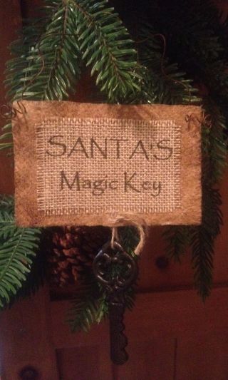 Primitive Christmas Grubby Ornament Santa ' S Magic Key Burlap Rusty Tin Wire photo