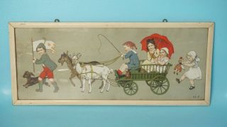 Antique German Lithograph Children Doll Dachshund Goats Cart Victorian Signed Mf photo