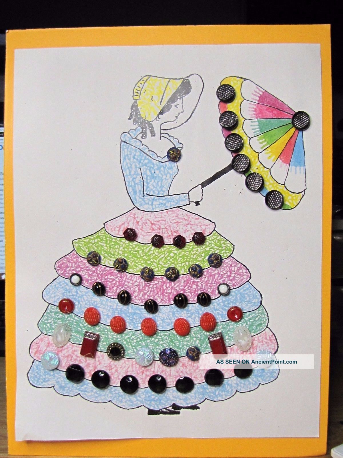 Miss Umbrella W/ 49 Glass Buttons Covering Her Dress Antique Deco & Ruby Buttons photo