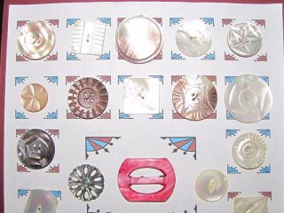 Stunning Antique Mop Shell Buttons Carved Pierced Shapes Mounted On Card photo