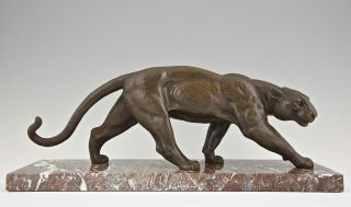 Ouline Art Deco Bronze Sculpture Panther On Marble Base,  France 1925 photo