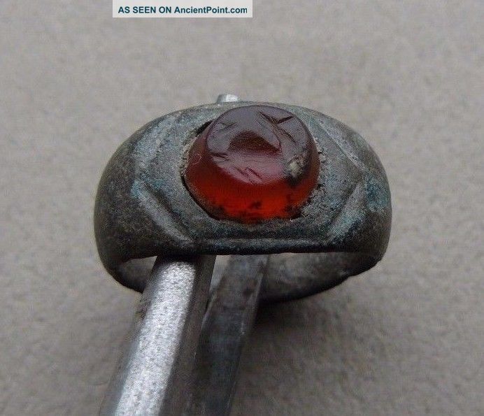 Ancient Roman Bronze Ring With Carnelian Engraved Delfin.  1st - 3rd Century Ad Roman photo