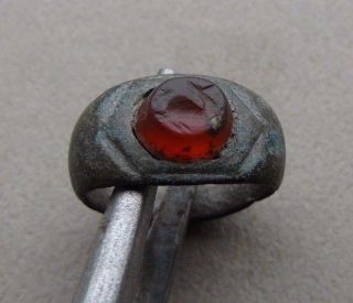 Ancient Roman Bronze Ring With Carnelian Engraved Delfin.  1st - 3rd Century Ad photo
