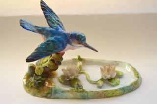 Crown Staffordshire Kingfisher Bird Figurine W/ Lotus Porcelain Jt Jones Cobalt photo