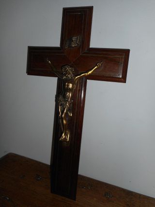 Antique French Crucifix In Golden Bronze With Face To The Heavens photo
