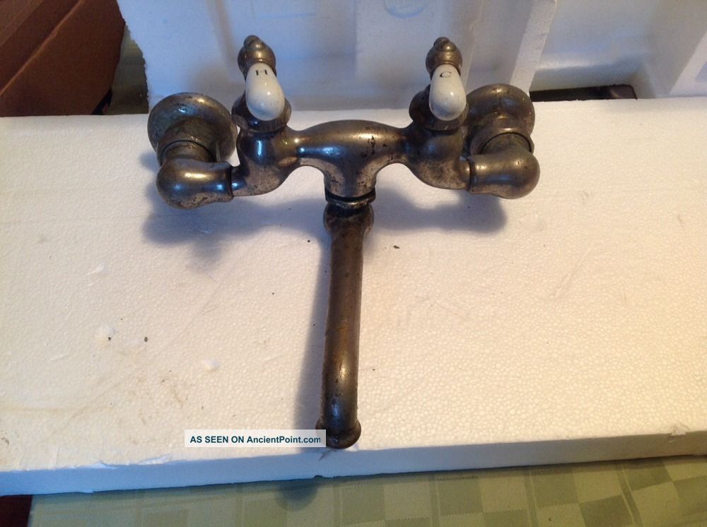 Vtg.  Standard Renu Nickel Plate Brass Faucet Spigot Porcelain Hot & Cold Handles Plumbing photo