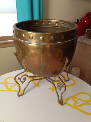 Large Vintage Brass Copper Pot Planter On Stand photo