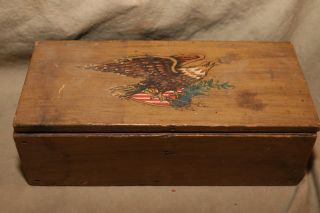 Antique Pine Box Transfer Decorated American Eagle Shield Olive Branch Arrows photo