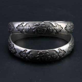 Old Handwork Miao Silver Carve China Flowers & “福” Adjust Pair Bracelet Zy07 photo