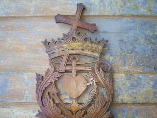 Antique Vtg.  Carved Wood Religious Wall Shelf Cross Crown Pierced Heart Anchor photo