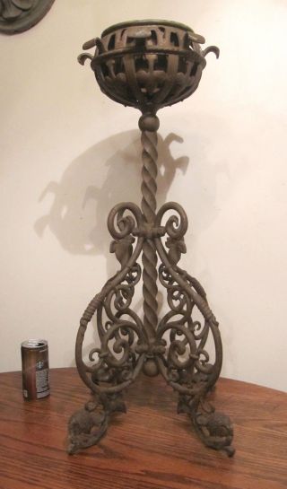 Large Antique Ornate Solid Heavy Wrought Cast Iron Oil Lamp Font Stand Holder photo