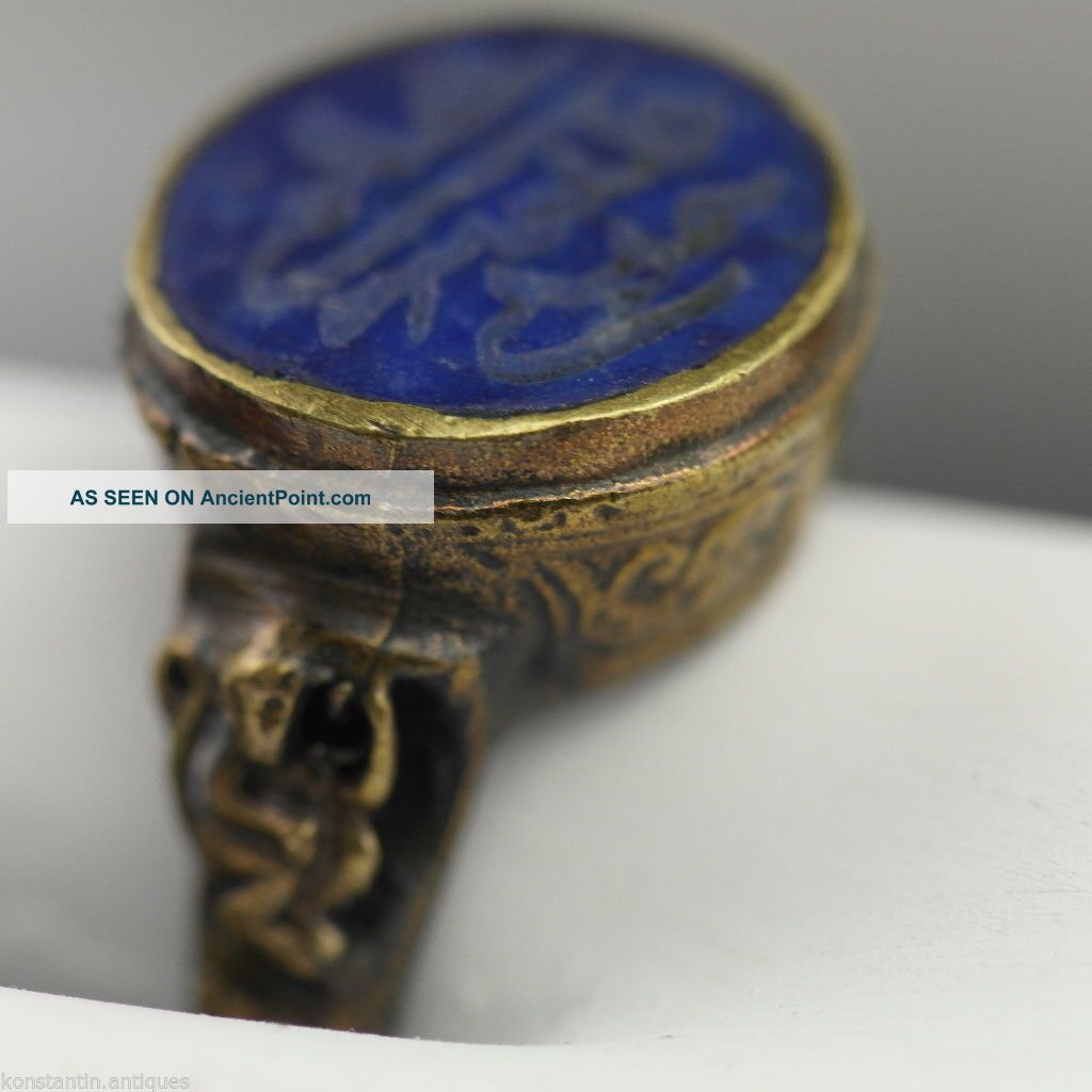 Antique Solid Bronze Ring Wax Seal Stamp Arabic Letters Lapis Lazuli Stone Gift Near Eastern photo