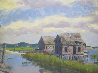 Vintage American Scene Fishing Village Boat Pier Impressionism Oil Painting Yqz photo
