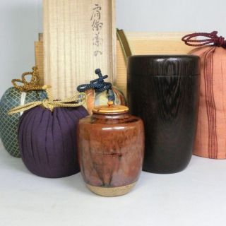 G201: High Class Japanese Old Tanba Ware Tea Caddy With Wonderful Accessories. photo
