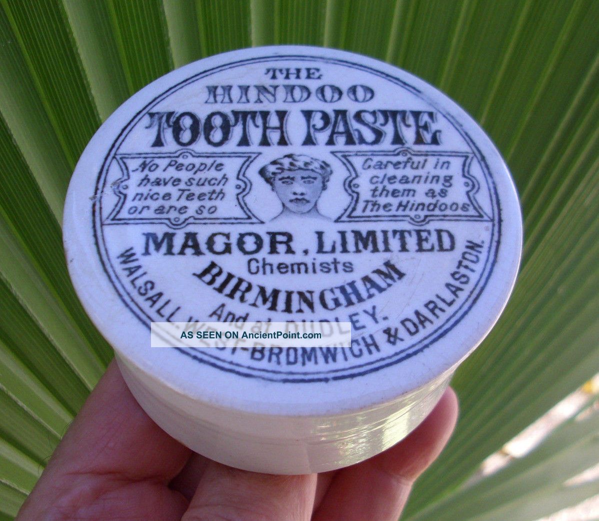 Antique,  Ceramic,  Birmingham,  England Chemists Hindoo Tooth Paste Crock Jar Pot Lid Bottles & Jars photo
