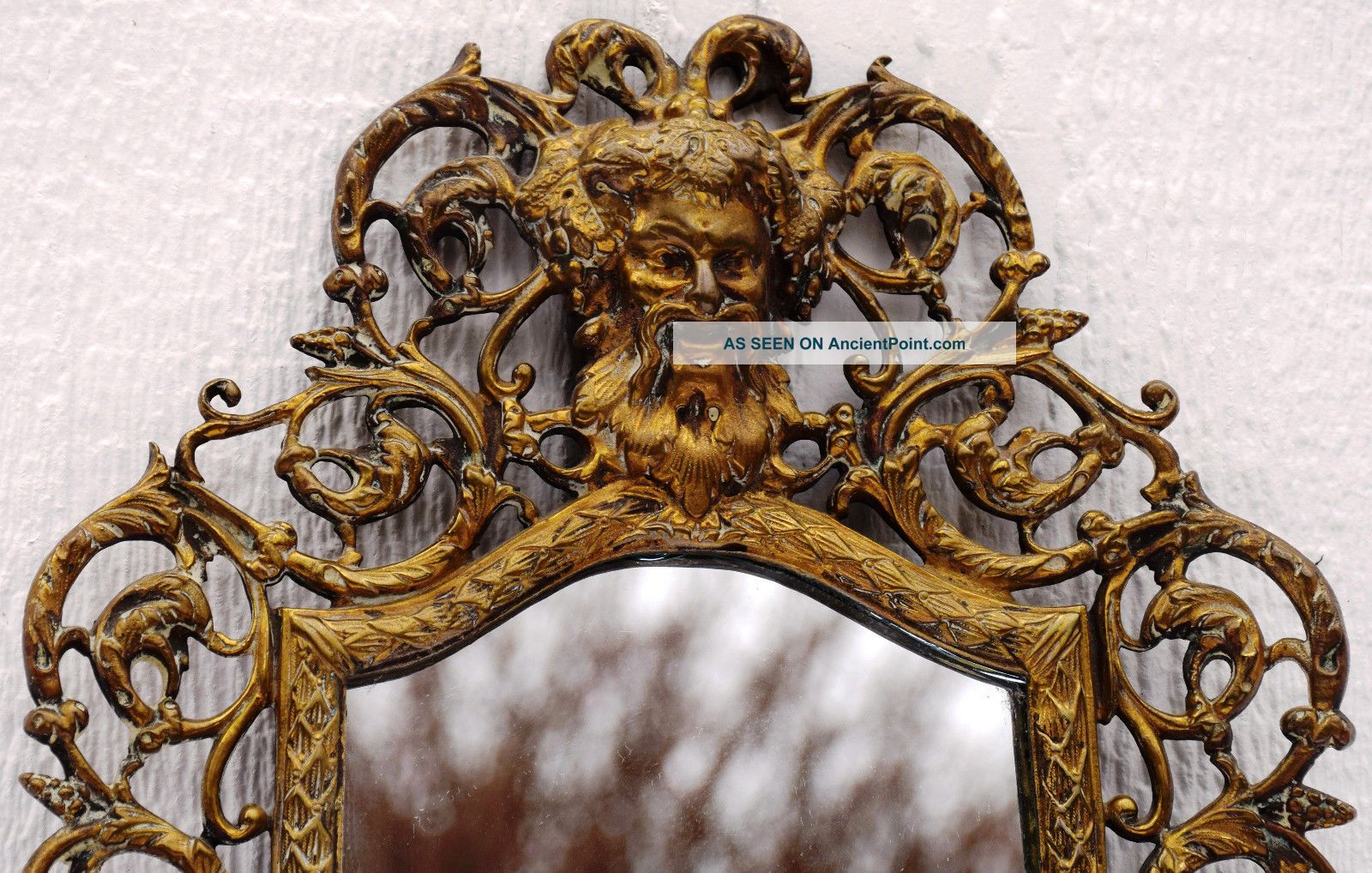 Antique French Brass ' North Wind ' Wall Mirror Sconce Enameled Candle Holders Mirrors photo