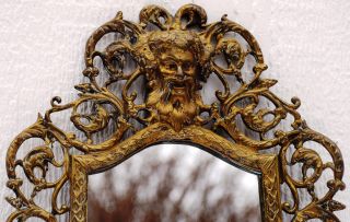 Antique French Brass ' North Wind ' Wall Mirror Sconce Enameled Candle Holders photo