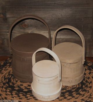 3 Wood Stacking Firkin Vintage Style Storage Buckets Brown/oatmeal/antique White photo
