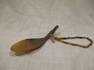 Antique - Primitive Handcarved Horn Spoon With Cut Glass Beads - Very Old - Rare photo