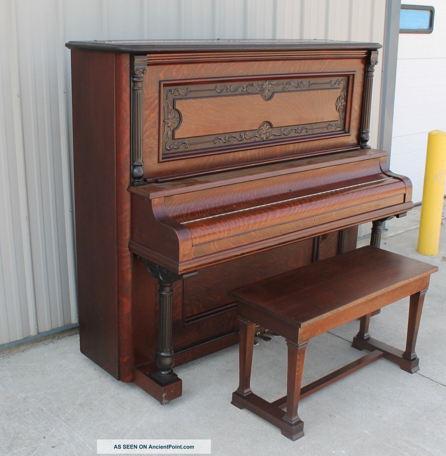 1900 - 10 Quartersawn Oak Heller Upright Grand Piano W/ Piano Bench Old Finish Keyboard photo