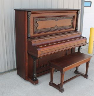 1900 - 10 Quartersawn Oak Heller Upright Grand Piano W/ Piano Bench Old Finish photo