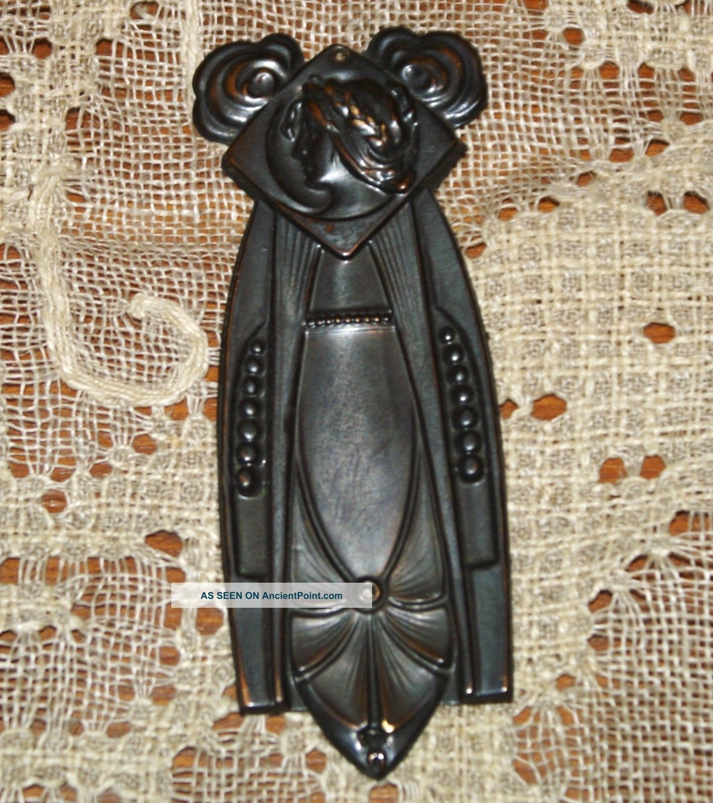 Antique Brass Or Copper Art Nouveau Metal Embellishment With Pretty Lady Profile Art Nouveau photo