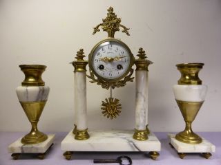 Antique French Marble 8 Day Chime Mantel Clock With Garniture.  Good photo