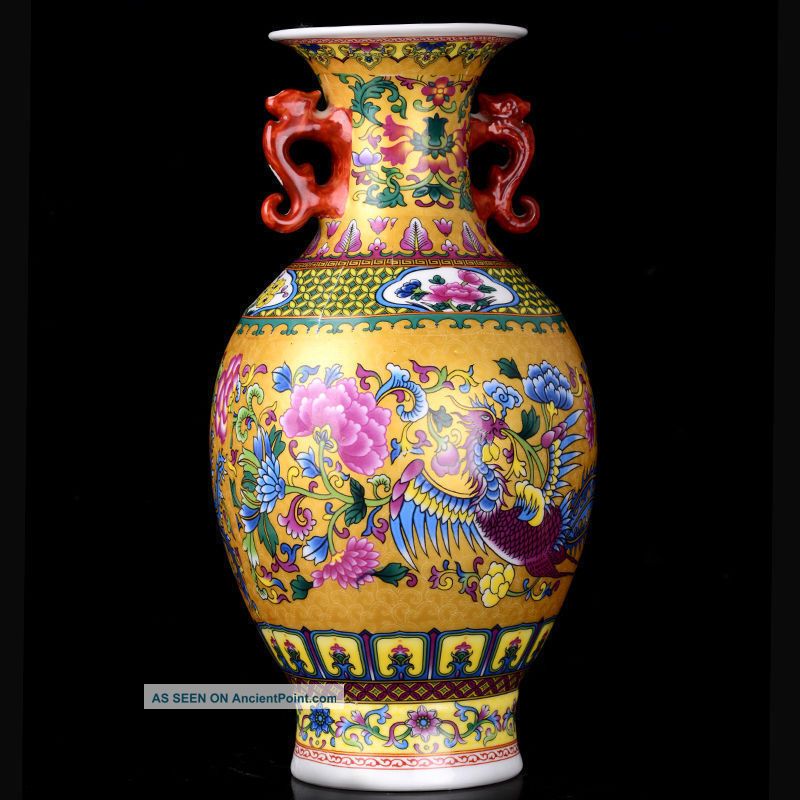 Hand - Painted Painted Porcelain Binaural Phoenix Vase W Qianlong Mark W Vases photo
