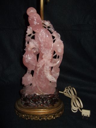 Antique Chinese Carved Rose Quartz Kwan Yin Figural Lamp With Carved Finial photo