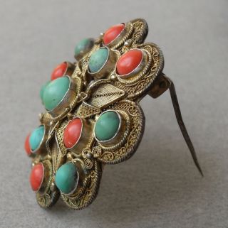 Antique Chinese Gilded Silver Filigree Brooch W/ Turquoise And Coral photo