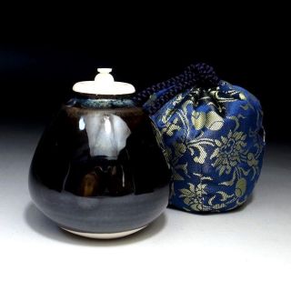 Yb8: Vintage Japanese Tea Caddy,  Chiaire,  Seto Ware With Shifuku Cloth Bag photo