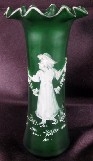 Lovely Antique Blown Green Satin Glass Vase Mary Gregory Cameo Hand Enameled Exc photo