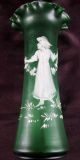 Lovely Antique Blown Green Satin Glass Vase Mary Gregory Cameo Hand Enameled Exc Vases photo 1