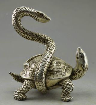 Collectible Decorate Old Handwork Tibet Silver Snake Tortoise Exorcism Statue photo
