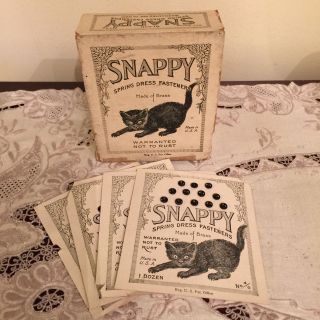 Antique Black Cat Snappy Dress Fastener Sewing Box Paper Kitten Advertising photo