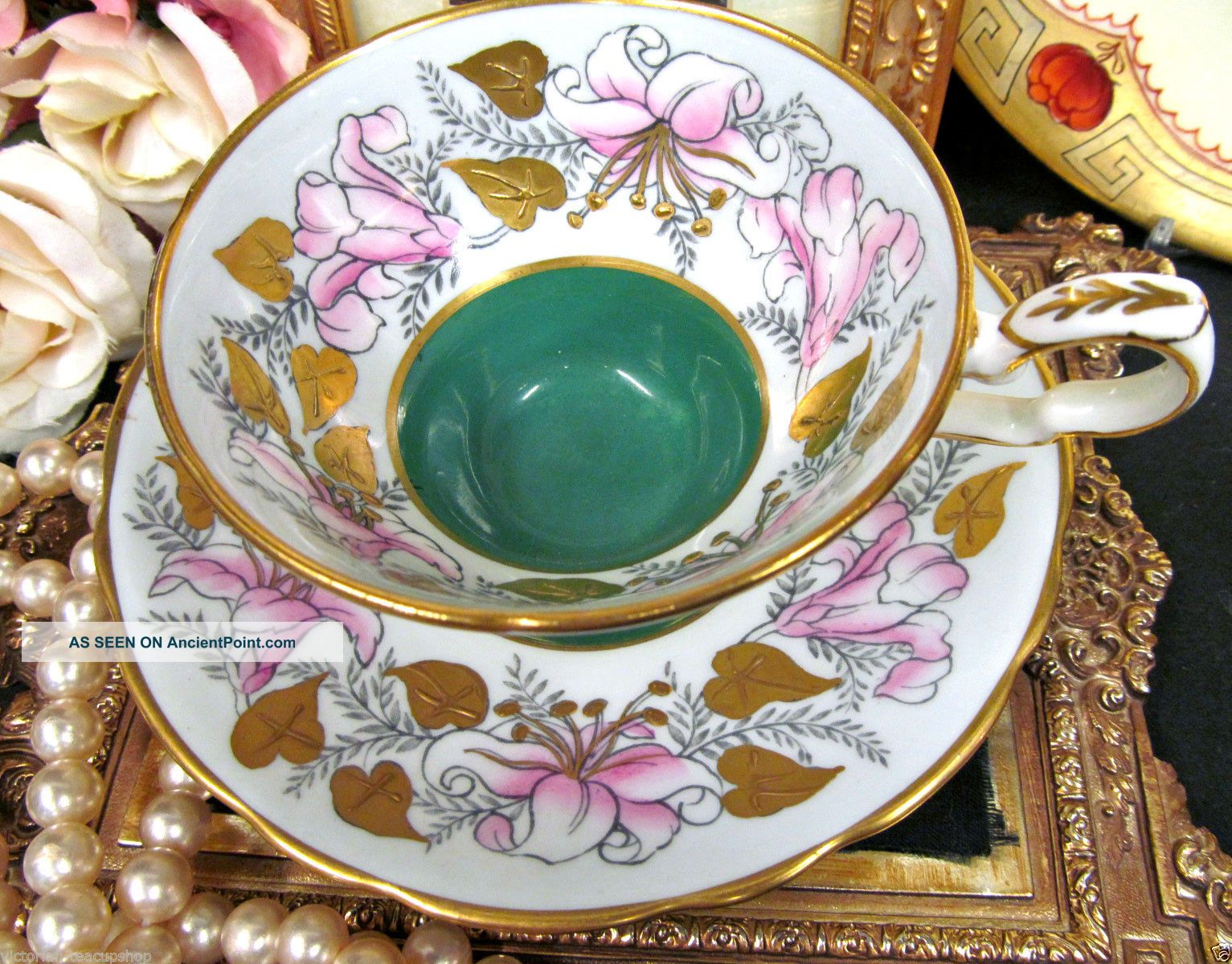 Royal Stafford Morning Glory Tea Cup And Saucer Painted Raised Gold Garland Cups & Saucers photo