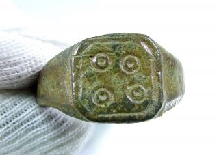 Rare Medieval - Saxon Era Bronze Finger Ring - Evil Eye Motif On Bezel - Gh29 photo