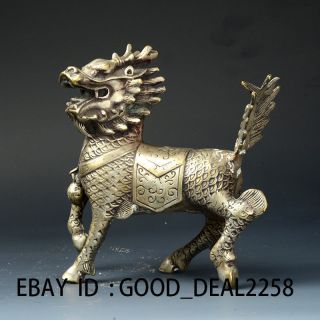 Chinese Silver Copper Handwork Carved Kirin Statue photo