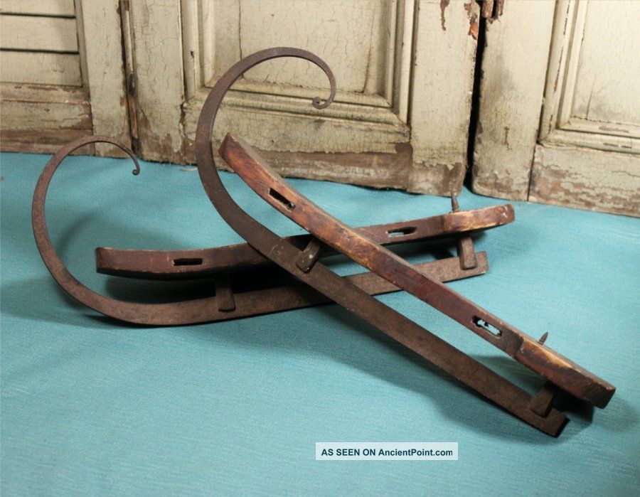 Antique 1800s Wood Ice Skates With Hand Forged Runners Large Curls Primitives photo