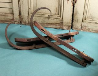 Antique 1800s Wood Ice Skates With Hand Forged Runners Large Curls photo