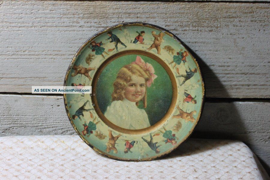 Antique Tin Plate With A Little Girl Polar Bears Snowball Fight Primitives photo