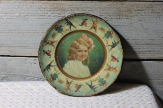 Antique Tin Plate With A Little Girl Polar Bears Snowball Fight photo
