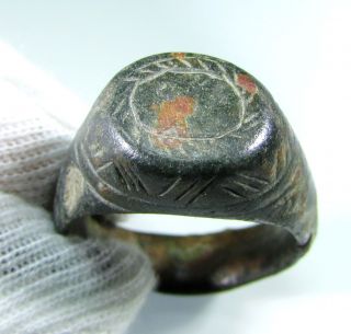 Authentic Ancient Roman Bronze Ring With Decorated Bezel - Wearable - Gh14 photo