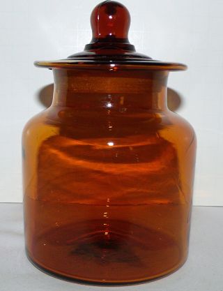 Vintage Amber Glass Apothecary Jar W/ Ground Lid - Blown Glass Jar - 5 3/4 