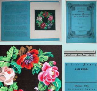 Antique Handpainted Berlin Woolwork Roses Wreath Chart Germany Dated 1855 photo